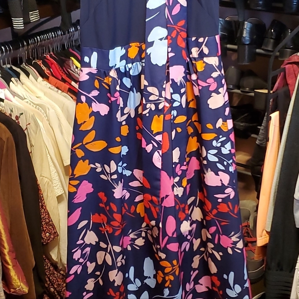 Vince Camuto Colorful Navy Pink Orange Halter w/ Keyhole Maxi Dress w/ Sash sz 2 - Picture 10 of 15